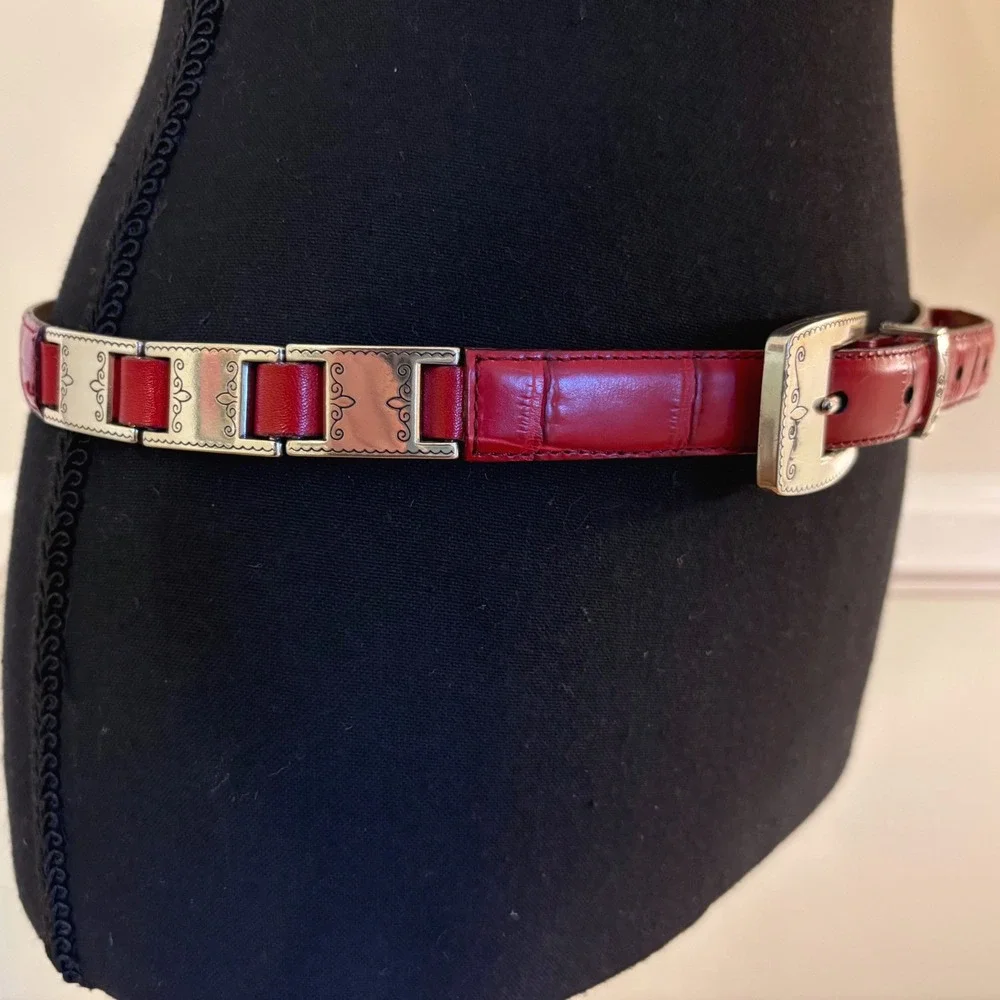 Brighton Red Croc Embossed Leather Belt Silver Scroll Link Hardware 41